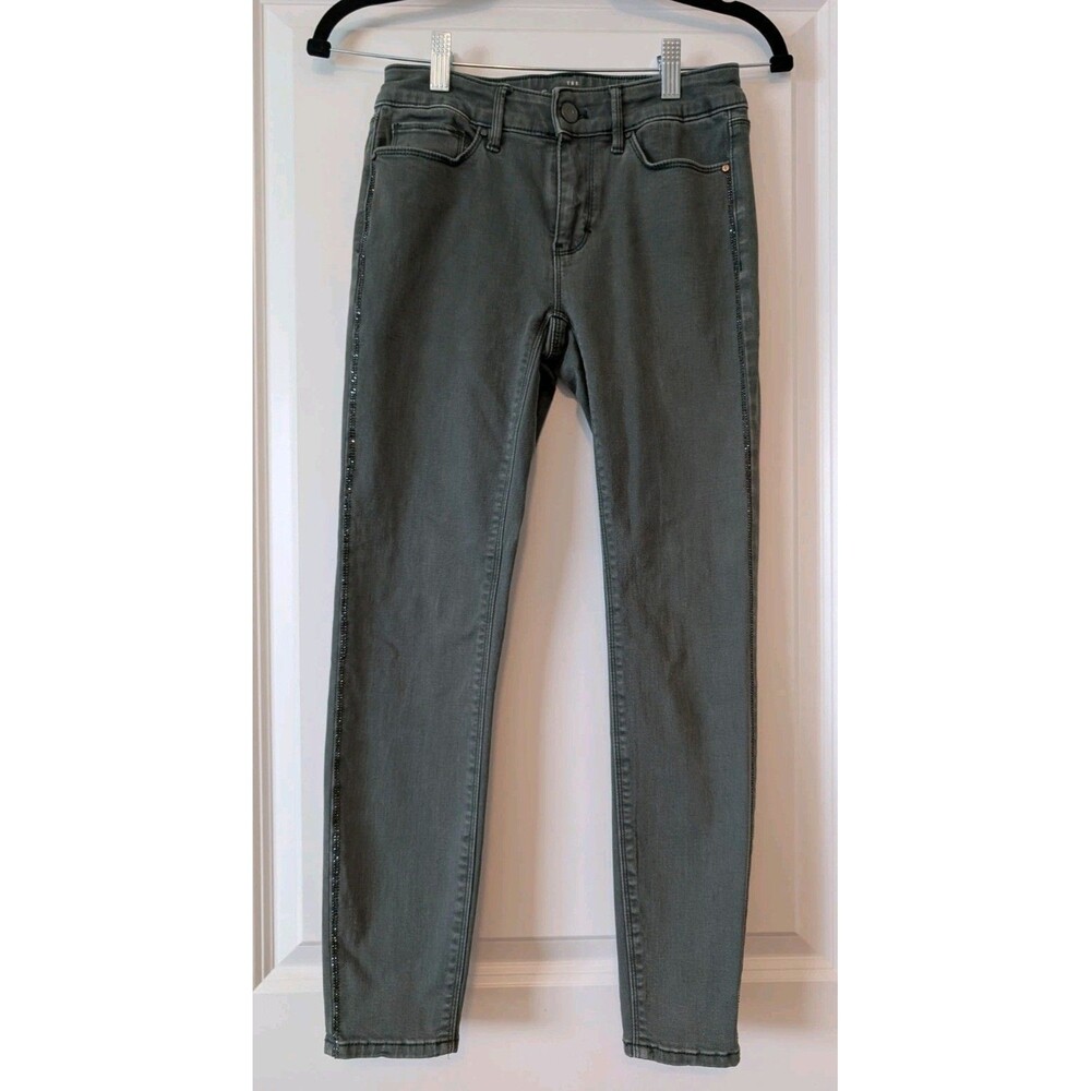 White House Black Market Sz 00 The Skinny Crop Rhinestone Trim Olive Green Jeans
